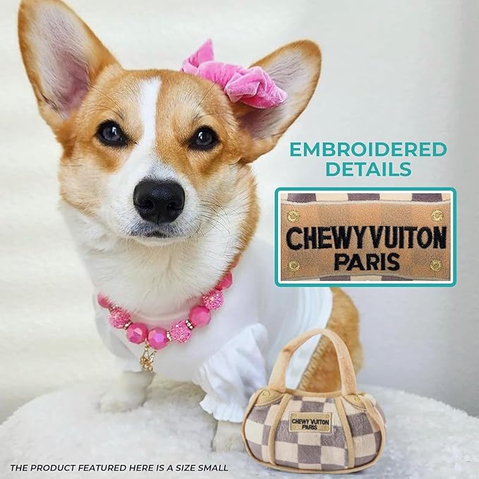 Haute Diggity Dog Haute Diggity Checker Chewy Vuiton Dog Handbag - Medium Plush Designer Dog Toys with Squeaker & Machine-Washable Enrichment & Safe Materials for All Breeds, Size Medium