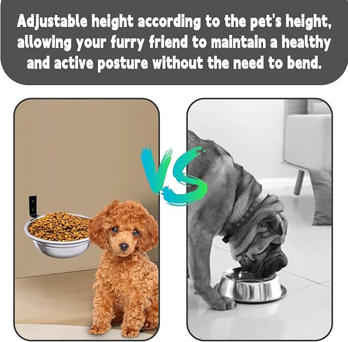 Wall Mounted Dog Bowls-2 * 29 Oz, 304 Stainless-Steel Raised Adjustable Height Dog Food and Water Bowls, Elevated Pet Comfort Feeding Bowl for Medium Large Dogs Cats(Collapsible)