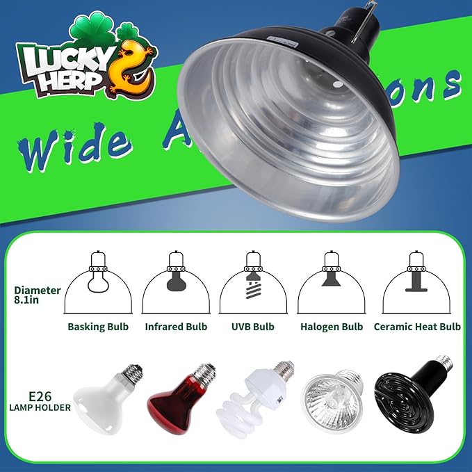 LUCKY HERP Reptile Light Fixture 8.1inch- Lightweight Aluminum Reflector Dome Reptile Light Fixture, Reptile Heat Lamp Fixture for UVB Light Bulb Basking Bulb Heat Bulb