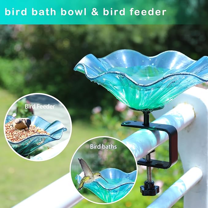 MUMTOP Deck Mounted Bird Baths for Outdoors, Glass Bird Baths Bowl with Adjustable Sturdy Steel Fence Clamp for Garden Patio Lawn Yard Deck Balcony Railing, Blue