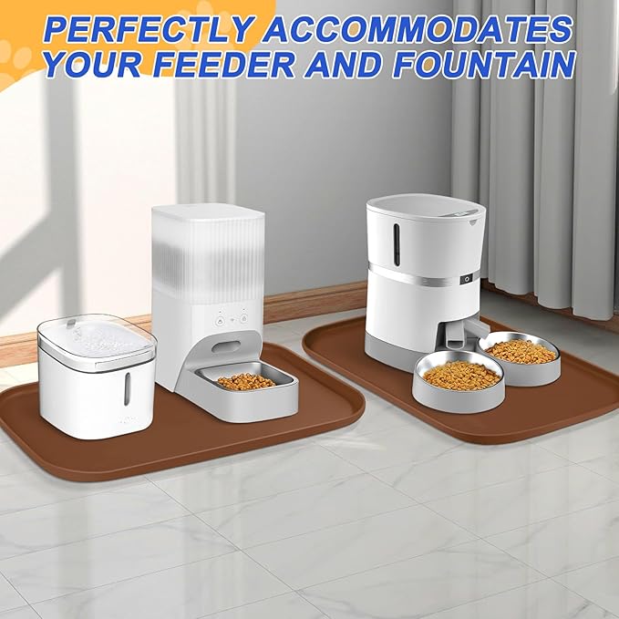 Silicone Pet Feeding Mat with Raised Edge for Food and Water, Dog Bowl Mats, Cat Bowls Placemat with High Lip for Floor Waterproof, Rubber Tray for Cats and Dogs 19 x 12 x0.7 Brown