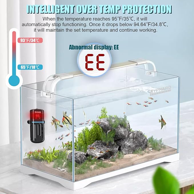 Electronic Aquarium Heater, 100W Small Fish Tank Heater, Adjustable Submersible Heater PID Temperature Control with LED Digital, Water Dry Automatic Shut Off for Fresh Seawater