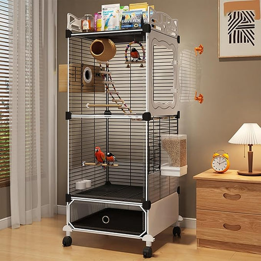 Large Parrot Cage with Acrylic Doors, 4 Casters, Perch & Feeder, Detachable Drawer, Ideal for Cockatiels, Budgies, Conures, Indoor/Outdoor Use – Spacious White Birdcage(Black,36 * 36 * 106)