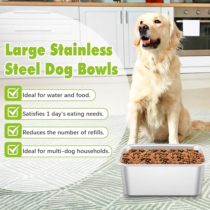 Fhiny 2 PCS Stainless Steel Dog Bowl, 2 Gallon Capacity Durable Metal Water Dish for Large Dogs, Indoor/Outdoor, Dishwasher Safe
