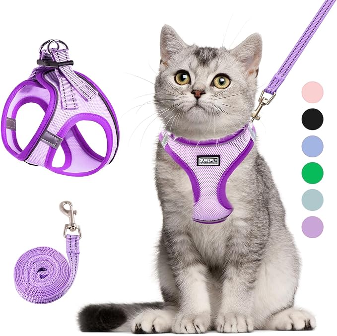 Cat Harness and Leash Set, Soft and Breathable Vest with Reflective Strip, Escape Proof Kitten Harness, Easy to Wear for Cats Walking and Traveling (Purple, L)