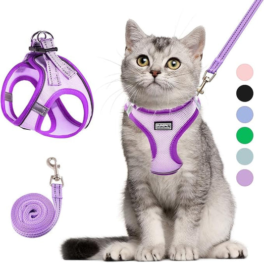 Cat Harness and Leash Set, Soft and Breathable Vest with Reflective Strip, Escape Proof Kitten Harness, Easy to Wear for Cats Walking and Traveling (Purple, L)