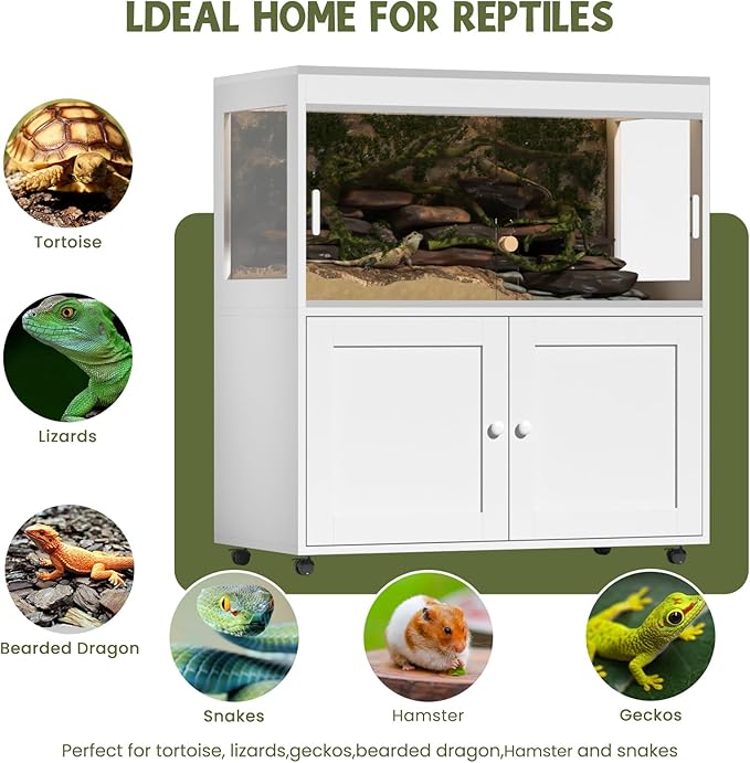 Large 60 Gallon Reptile Terrarium with Storage Cabinet and Sliding Door Handle, Reptile Tank with Wheels & Metal Mesh Roof Door – Ideal Habitat Enclosure for Snakes, Lizards, and Geckos