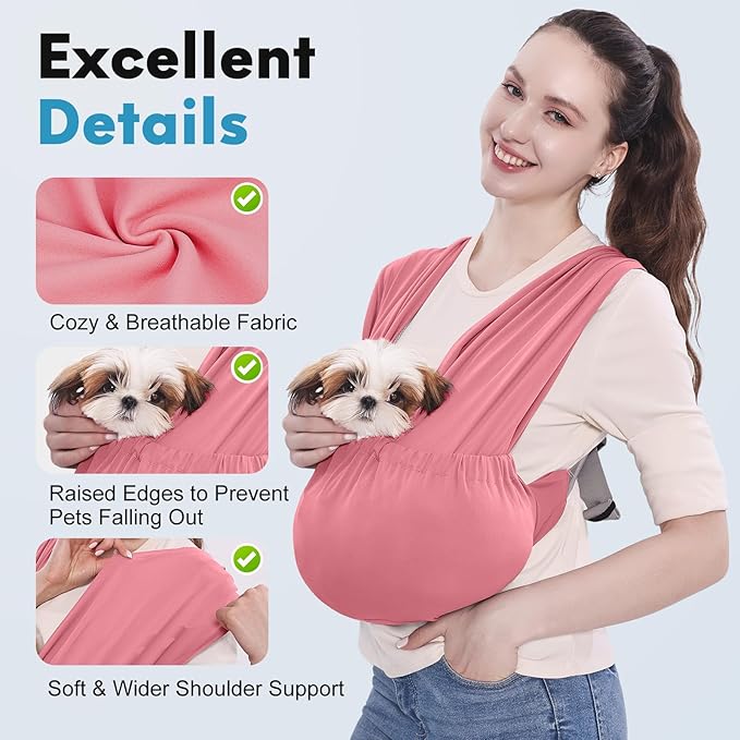 Supet Dog Sling Carrier for Small Pets, Hands Free Front Cat Sling, Reducing Back Neck Pain Anti-Anxiety, Adjustable Soft Carrying (Pink, Plus)