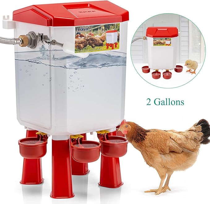 Automatic Chicken Waterer Filtered Float-Controlled Chicken Waterer 2 Gallons Large Watering System Poultry Water Feeder Kit with 60 Inch Metal Hose for Duck Quail Turkey Chick
