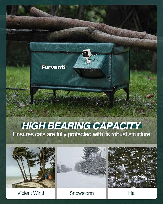 Outdoor Heated Cat House in Winter,Extremely Insulated & Weatherproof,Elevated Feral Cat Shelter with Waterproof Eaves & Escape Door for Outside Stray Barn Cat (Dark Green, L with Cam)