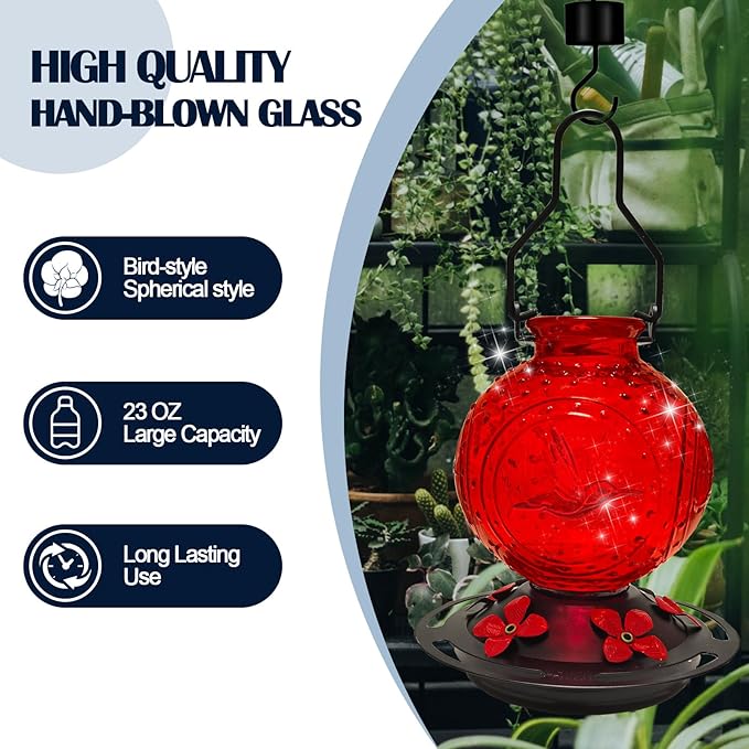 Glass Hummingbirds Feeder for Outdoors Hanging,23 OZ Humming Birds Feeder for Outside,Hummingbird Gifts(Red Bird)
