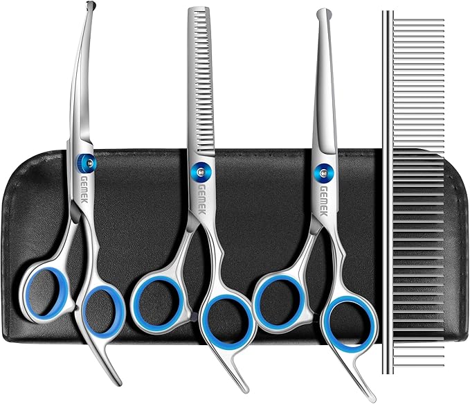 GEMEK Professional 5 in 1 Dog Grooming Scissors Set with Safety Round Tips, Sharp and Heavy-duty Pet Grooming Shears for Cats (Blue)