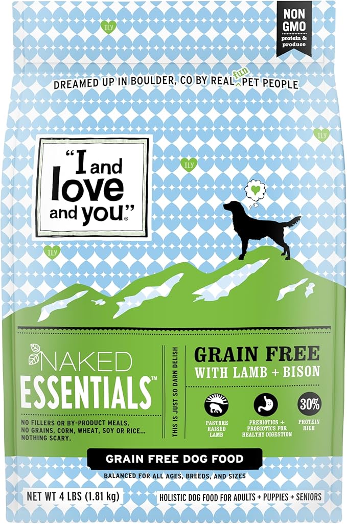 I and love and you Naked Essentials Dry Dog Food - Lamb + Bison - High Protein, Real Meat, No Fillers, Prebiotics + Probiotics, 4lb Bag