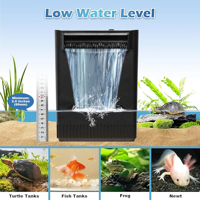 Turtle Tank Filter Aquarium Filter w/Detachable U-V Light for 30-75Gal, Waterfall Flow Adjustable Low Water Level Internal Green Clean Machine Killing Deodorization Saltwater Freshwater Crystal Clear