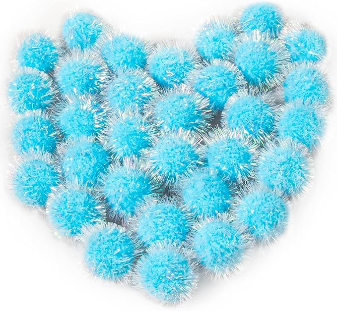 VAPKER 30 Pcs Cat Ball Toys Sparkle Balls Extra Large 2 Inch Cat's Favorite Chase Glitter Ball Glitter Tinsel Pom Poms Balls Light Blue Color