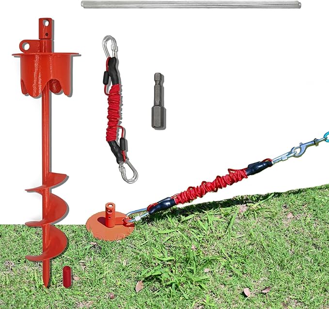 Dog Stakes for Outside Heavy Duty Hold up to 350Lbs Large Dogs Tie Out Tether Leash Chain for Yard Screw in Ground Anchors 17inch with Buffer Rope