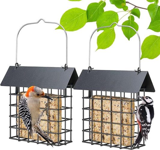 Veehoo 2Pcs Suet Bird Feeder for Outside Hanging with Metal Roof-Suet Cakes Cage Bird Feeder for Outdoors Hanging, Outdoor Garden Wild Bird Feeder Suet Holder, Woodpecker Feeder, Black
