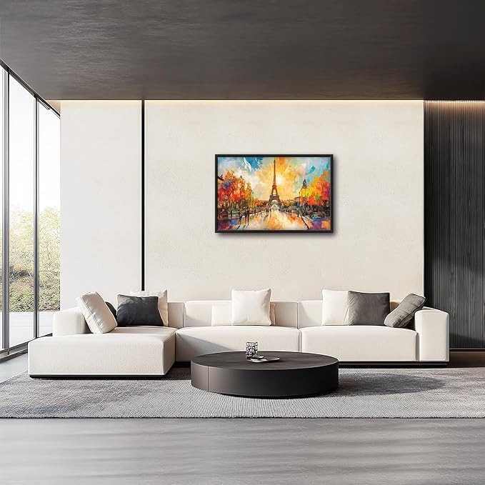 Framed Large Eiffel Tower Wall Art for Living Room, Oversized Paris City Street Landscape Wall Decor, Colorful Sunrise Canvas Painting Modern Artwork for Living Room Bedroom Office 36"x24"