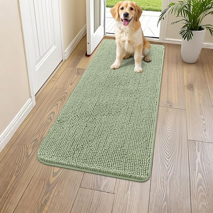 Smiry Dog Door Mat for Muddy Paws 47x24, Absorbs Moisture and Dirt Doormat, Non-Slip Washable Quick Dry Chenille Front Door Mat Indoor Entrance, Entryway Carpet for Inside Floor, Sage Green