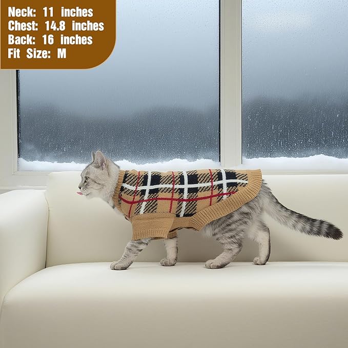 EXPAWLORER Cat Sweater Cardigan - Stylish Knit Cat Clothes, Plaid British Style Soft Puppy Sweater with Sleeve, Warm Pet Clothing Knitwear, Fall Winter Kitten Coat for Girl Boy Cats, Beige L