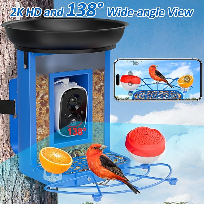 Bird Feeder with Camera, 2K Birds Camera with 3-in-1 Feeding, Drinking, and Bathing | AI Identify, Real-Time Monitoring and Alerts | IP65 and Squirrel-Proof for Outdoors, Gift for Bird Lovers