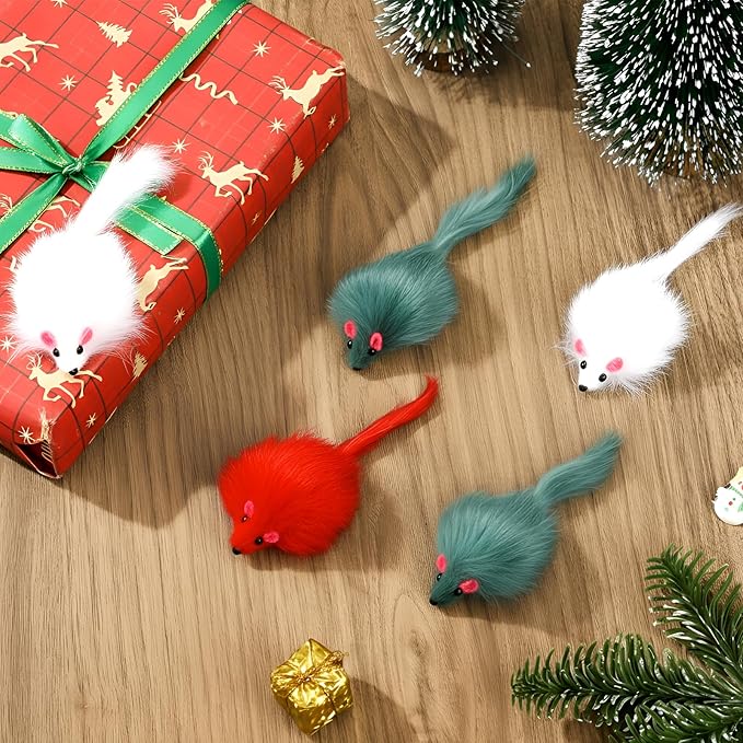 Hungdao 60 Pcs Furry Mice Interactive Catch Play Rabbit Fur Mouse Cat Toy Rattle Sound Rat Plush for PET Cats and Kittens, 3 Colors (White, Green, Red)