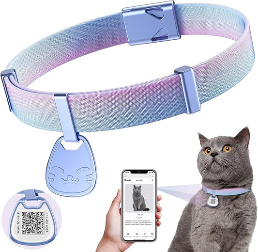 Cat Collar with QR Code Name Tag, Breakaway Kitten Collar for Boy & Girl Cats, Ultra Soft Elastic Adjustable Band, Safety Break Away Buckle, Comfortable & Secure Pet ID Collar (6"-12"), Iridescent