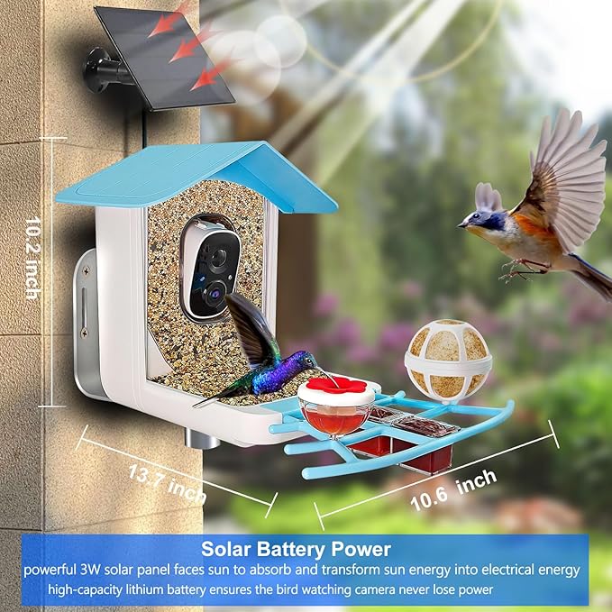 64GB Smart Bird Feeder with Camera Solar Powered, 2K 3MP HD Live Video &Playback on Phone, AI Identify +10,000 Bird Species, 2.4G WiFi Bird Feeder Camera Wireless Outdoor House-Bird Watching (Blue)