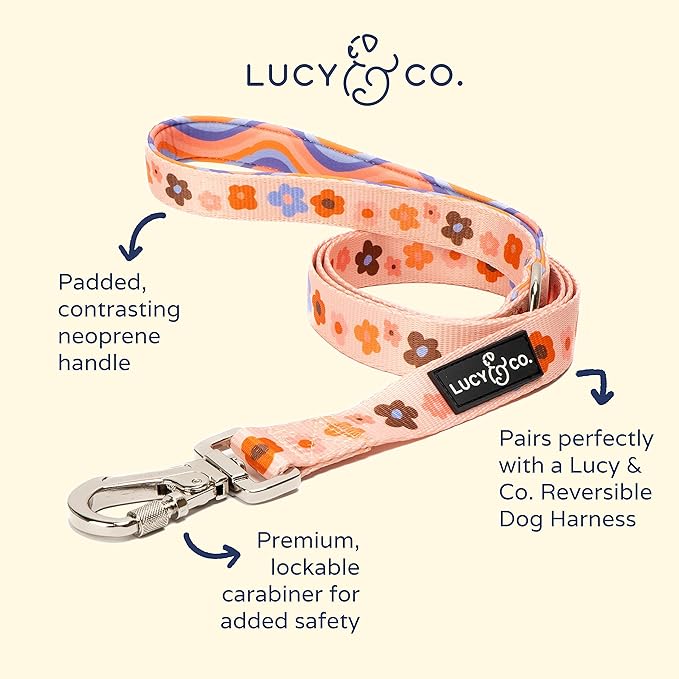 Lucy & Co. Designer Dog Leash - Pet Accessories - Thick Dog Leash - Padded Handle for Comfort - Purple with Green Floral - 5 Foot (Purple Coral Floral, Small)