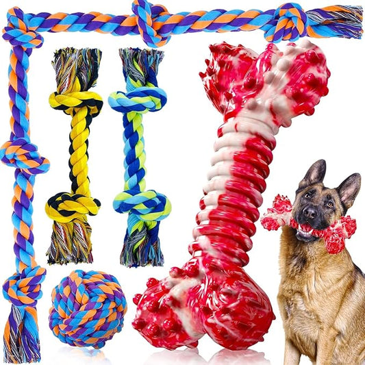 SHARLOVY Dog Chew Toys for Aggressive Chewers, 5 Pack Indestructible Dog Toys for Large Breed, Cotton Rope Toys, Tough Bone Chew for Aggressive Chewers Large Breed