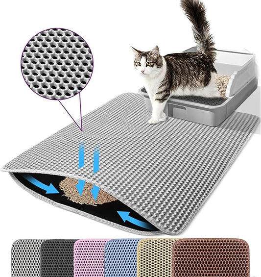 Jumbo Cat Litter Mat, 46x26 Inches Double Layer Honeycomb Litter Trapping Mat, Non Slip Waterproof Urine Proof Extra Large Cat Litter Box Mat, Kitten Supplies and Essentials, XXL, Gray