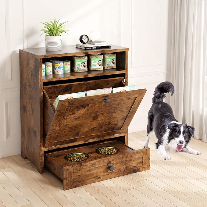 Dog Feeding Station,Dog Food Storage Cabinet, Large Pet Food Organizer Furniture,Dog Food Storage And Feeding Station With Pull-Out Elevated 2 Sus304 Dog Bowl For Feeding & Watering Supplies, Brown