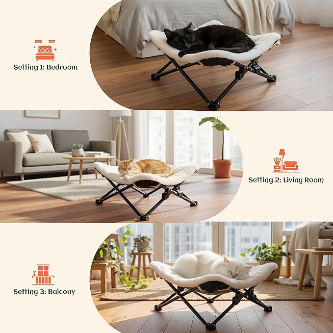 PETKARAY Foldable Elevated Cat Bed, Fluffy Kitty Lounge Furniture with Metal Frame, Raised Cat Hammock Chair for Indoor Cats