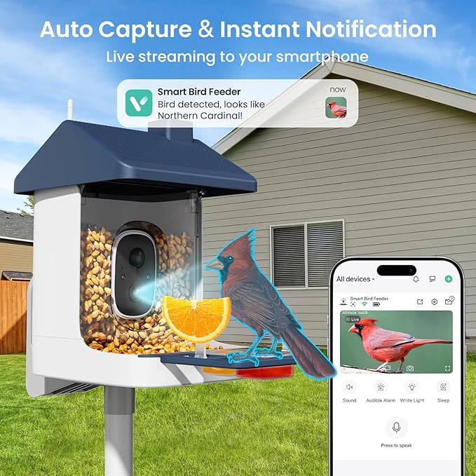 Smart Bird Feeder with Camera, 1.8L Solar Powered Bird Feeders for Outdoors, 2K AI Identify 10,000+ Birds Species, Birds Feeder Camera IP65 Instant Notification, Ideal Gift for Avian Lovers