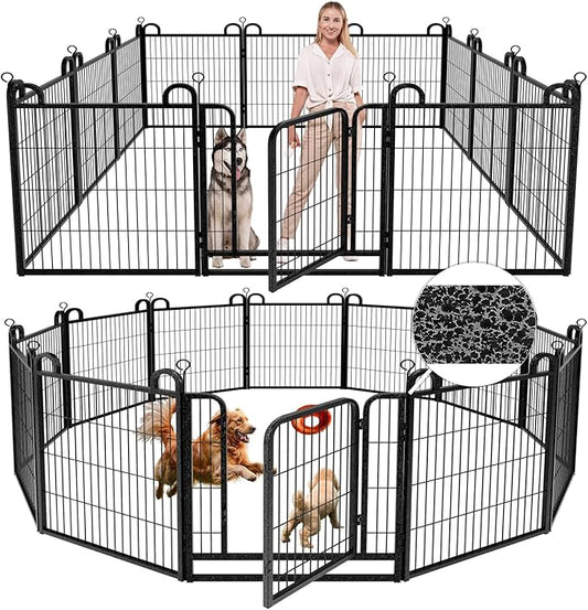 Dog Playpen Outdoor 12 Panels Heavy Duty Dog Fence 32" Height Anti-Rust with Doors Portable for RV Camping Yard, Total 27FT, 58 Sq.ft, Snowy Black