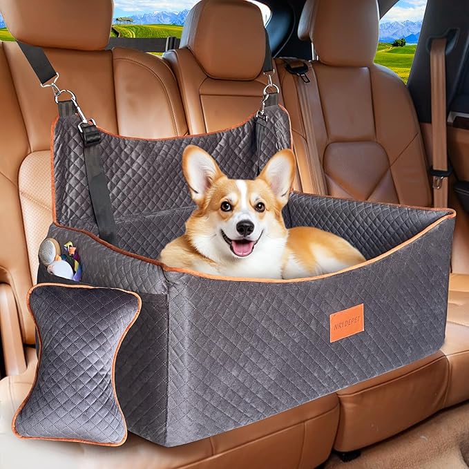 Dog Car Seat for Medium Dogs or 2 Small Dogs, Memory Foam Booster with Bonus Pillow & Removable Washable Cover, 2 Safety Leashes, Anti-Slip Base - Supports 50lbs (Grey)