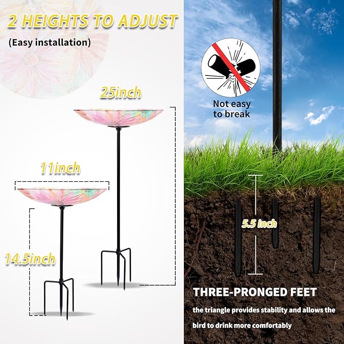 MUMTOP Glass Bird Baths for Outdoors-Outdoor Bird Bath Bowl- Watercolour Daisy Birdbaths Yard Stake, Bird Feeders for Outside, Garden, Patio, Lawn Decor