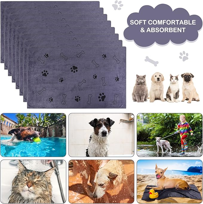 Chumia 8 Pcs Dog Towels for Drying Dogs Cats Pet Towels Bulk Puppy Microfiber Quick Drying Paw Bath Bathing Supplies Absorbent for Medium Pets(Gray,40 x 24 Inch)
