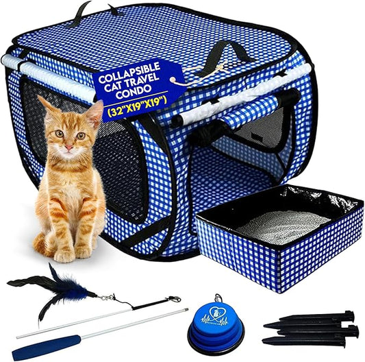 Pet Fit For Life Extra Large Cat Carrier for Travel - Foldable & Portable Collapsible Kennel with Litter Box, Feather Toy & Water/Food Bowl - Ideal for Cars, Long Trips & Indoor Cats - Blue Checkers