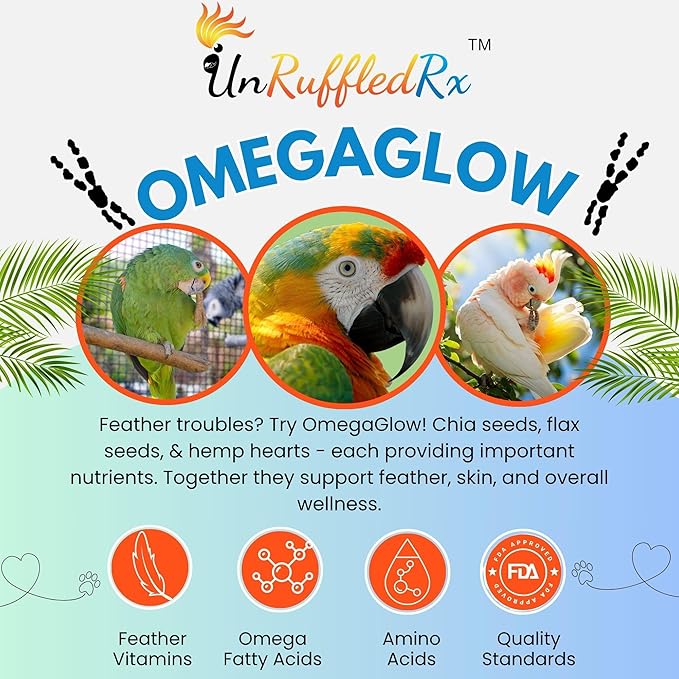 UnRuffledRx™ OmegaGlow for Birds – Raw, Natural Seed Blend for Feather Growth & Molting Support – Skin & Immune Health with Chia, Flax & Hemp Seeds – Helps Reduce Plucking – 2 oz Shaker Jar