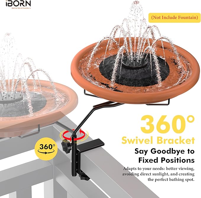 iBorn Bird Bath for Outside,Deck Mounted Bird Bath 12in，Bird Baths for Outdoors with Adjustable Clamp 3.2in，BPA-Free Bowl，360°Swivel & Adjustable Height Bracket，Detachable Bird Bath, Pack of 1