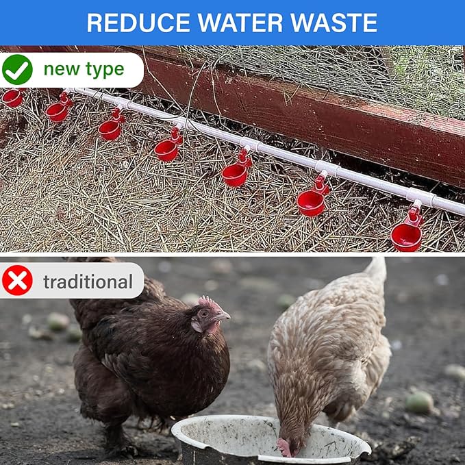 Complete Set Pipeline Automatic Chicken Waterer System with PVC Pipeline and 304 Stainless Steel Hose, Chicken Water Cups, Chicken Watering System. (No Bucket Included)