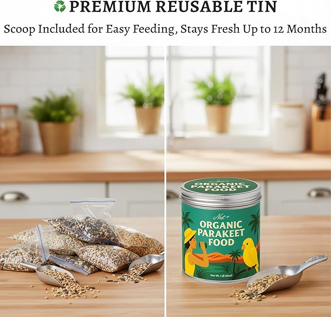 Premium Bird Seed Parakeet Food | Organic Parakeet Bird Seeds with Oat Groats, Amaranth & Super Veggies | Perfect Bird Food, Pretty Parrot & Budgie Food | Reusable Tin (1lb)