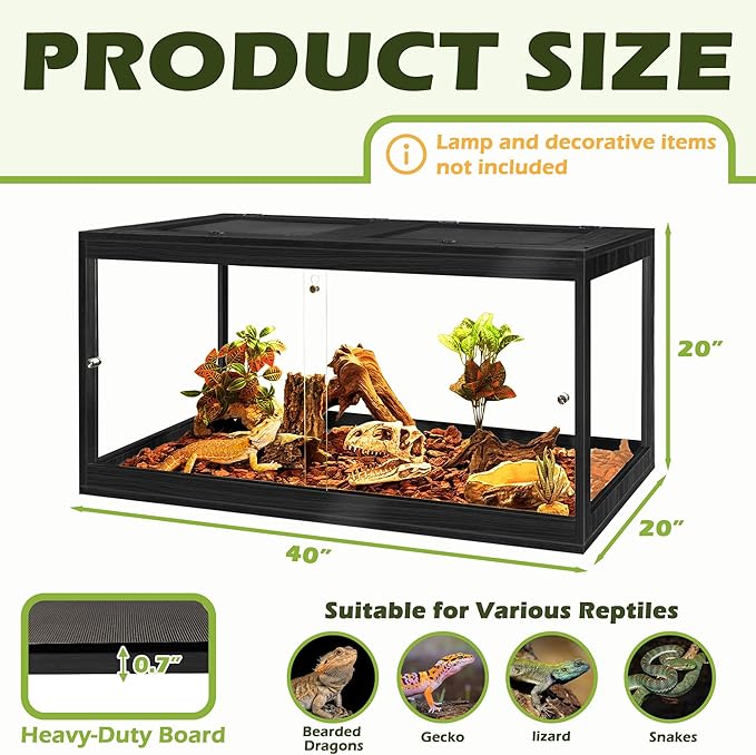 PROLEE Bearded Dragon Tank,61 Gallon Reptile Tank with Meatl Mesh Roof and Front Sliding Door, Anti-Scratch Lizard Tank,Spacious Reptile Enclosure for Snakes,Lguanas, Chameleons (Black)