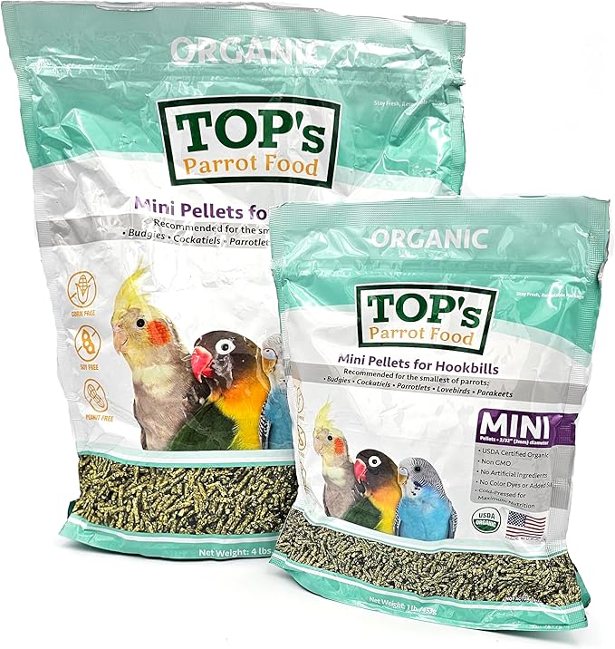 TOP's Parrot Food Mini Pellets Bird Food for Budgies, Cockatiels, Parrotlets, Lovebirds, Parakeets - Non-GMO, Peanut Soy & Corn Free, USDA Organic Certified - 1 lb