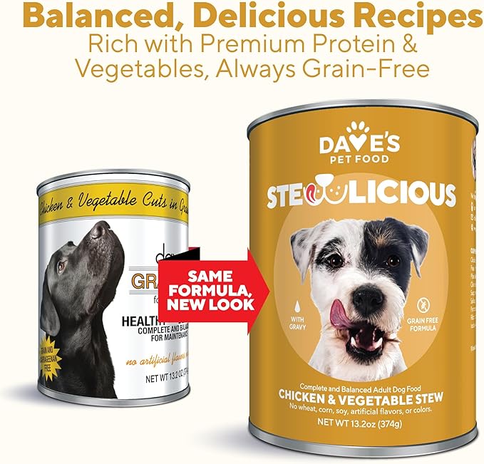 Dave's Pet Food Stewlicious Grain Free Wet Dog Food (Chicken & Vegetable in Gravy), Made in USA Naturally Healthy Canned, Gluten Free Topper, 13.2 oz (12 Pack)