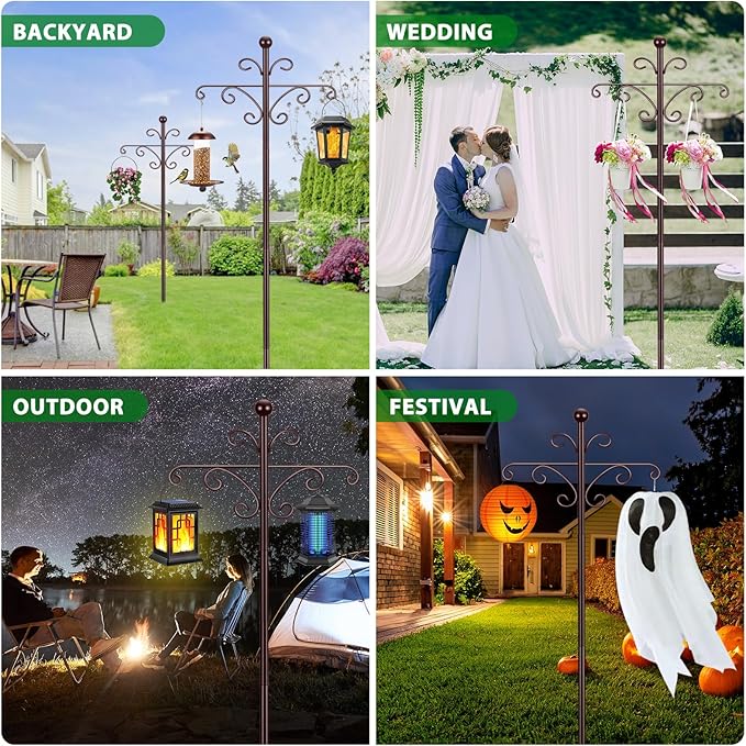 Bird Feeder Pole for Outdoors Heavy Duty Squirrel Proof, 2 Pack 76 Inch Adjustable Tall Shepherds Hooks for Outdoor with 7 Prongs Base, Double Shepherd Hooks (2 Pack Copper, 76 Inch)