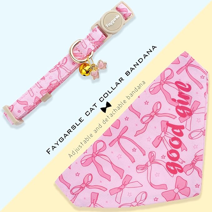 Faygarsle 2 Pack Pink Bow Pattern Cat Collar Set with Bandana and Bowtie, Breakaway Safety Collar with Bell Spring Summer Design for Girl Cats