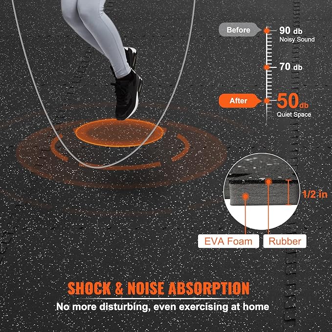 VEVOR 0.56Inch 48sq.ft 12 Tiles Gym Flooring for Home Gym, Rubber Top with High Density EVA Foam,25 x 25In Gym Floor Exercise Equipment Mats, Interlocking Gym Mats, Puzzle Workout Mats, Black & Grey