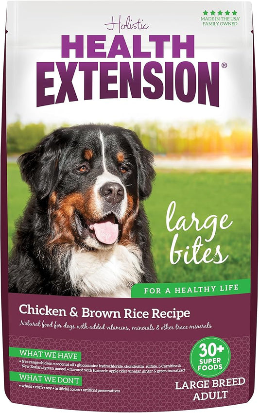Health Extension Large Bites Chicken & Brown Rice Dry Dog Food, Protein-Rich Formula with Probiotics & Essential Nutrients for Large Breeds (30lb)